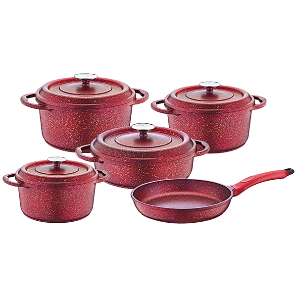 OMS Ocaliptus Granite Die-Cast Cookware Red Set of 9