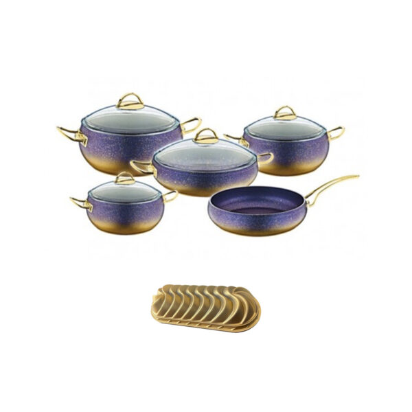 OMS Ball Granite Cookware Set Of 9 Pcs Blue/Gold +Baton Cake Mould